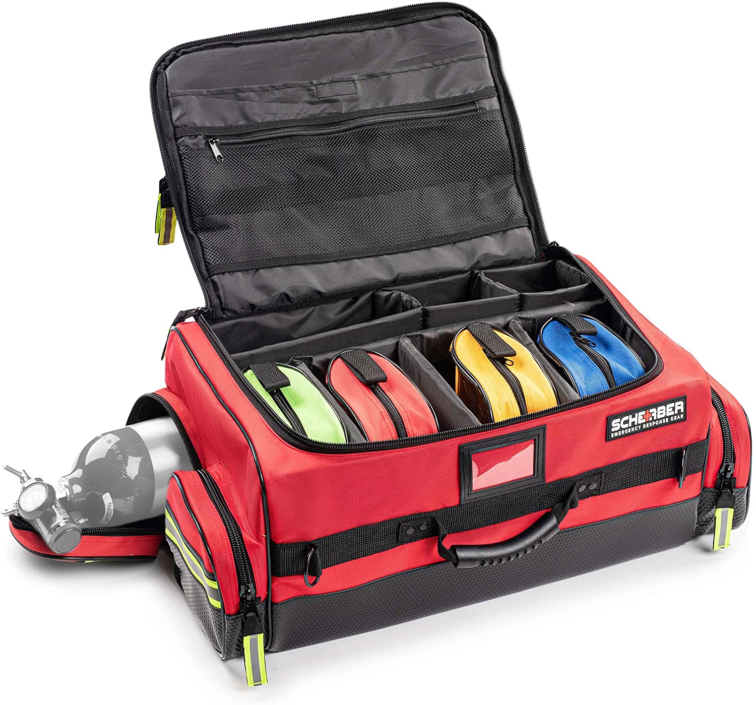 Scherber First Responder O2 Bag equipped for emergency situations displaying organizational system and color-coded pouches.