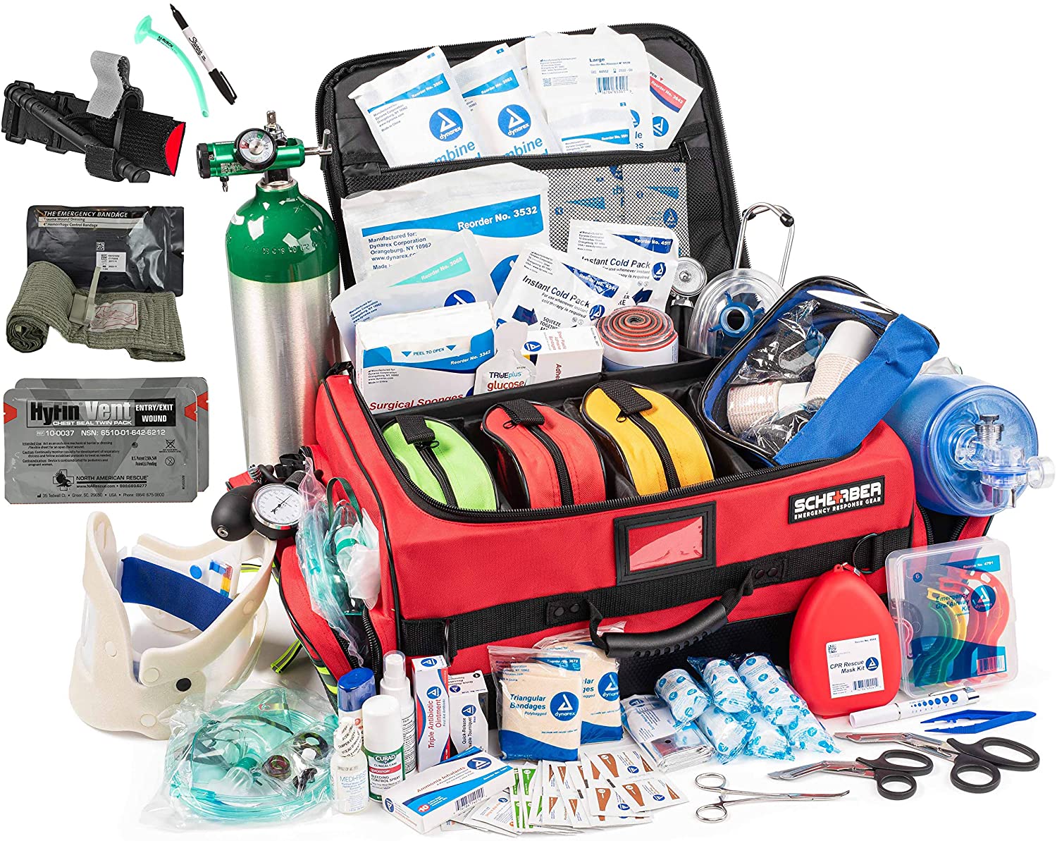 Scherber Ultimate First Responder Trauma Kit O2 with Bleeding Control, fully stocked emergency medical bag featuring durable polyester construction and organized compartments.