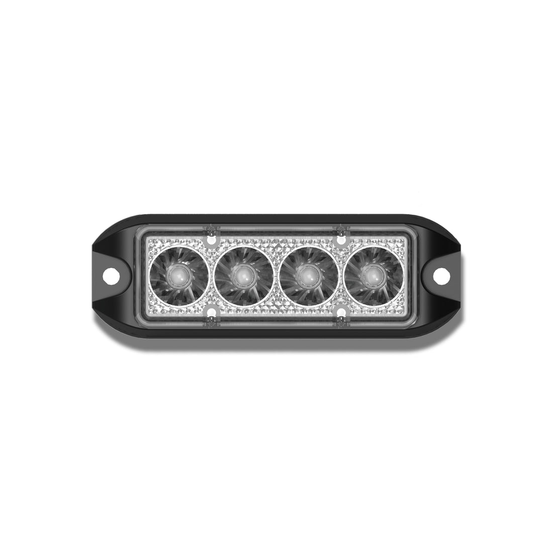 Close-up of the T4 TIR LED Surface Mount Warning Light Head showcasing the robust construction and six high-intensity LEDs for maximum visibility.
