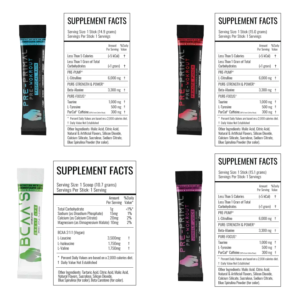 Supplement facts for firefighter pre-workout and BCAA products in Harambe Shaker with free samples