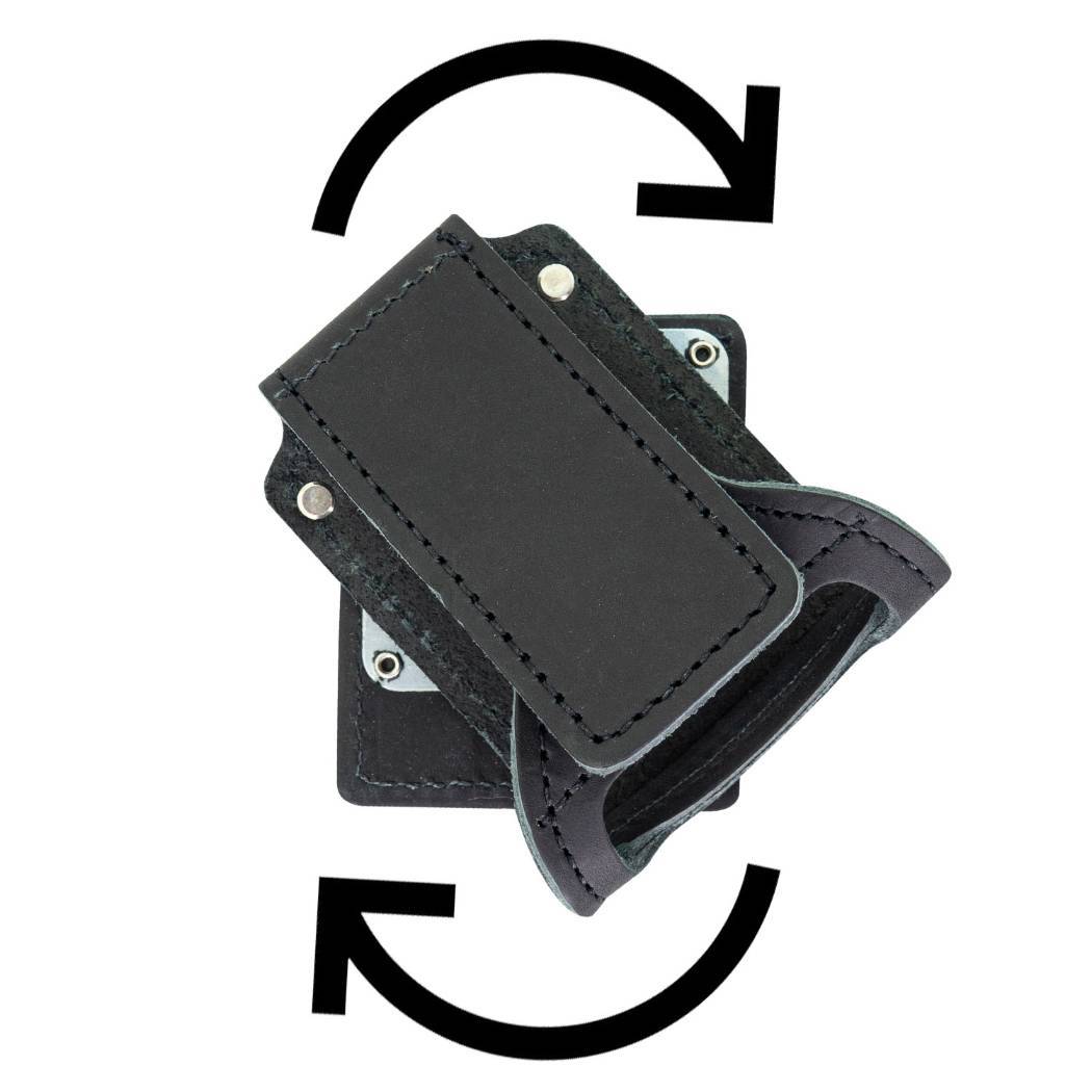 Side view of Leather Firefighter Axe Holder with Swivel demonstrating the 360° ball bearing swivel feature.