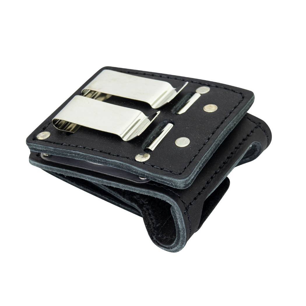 Close-up of Leather Firefighter Axe Holder with Swivel highlighting the secure leather flap and velcro closure.