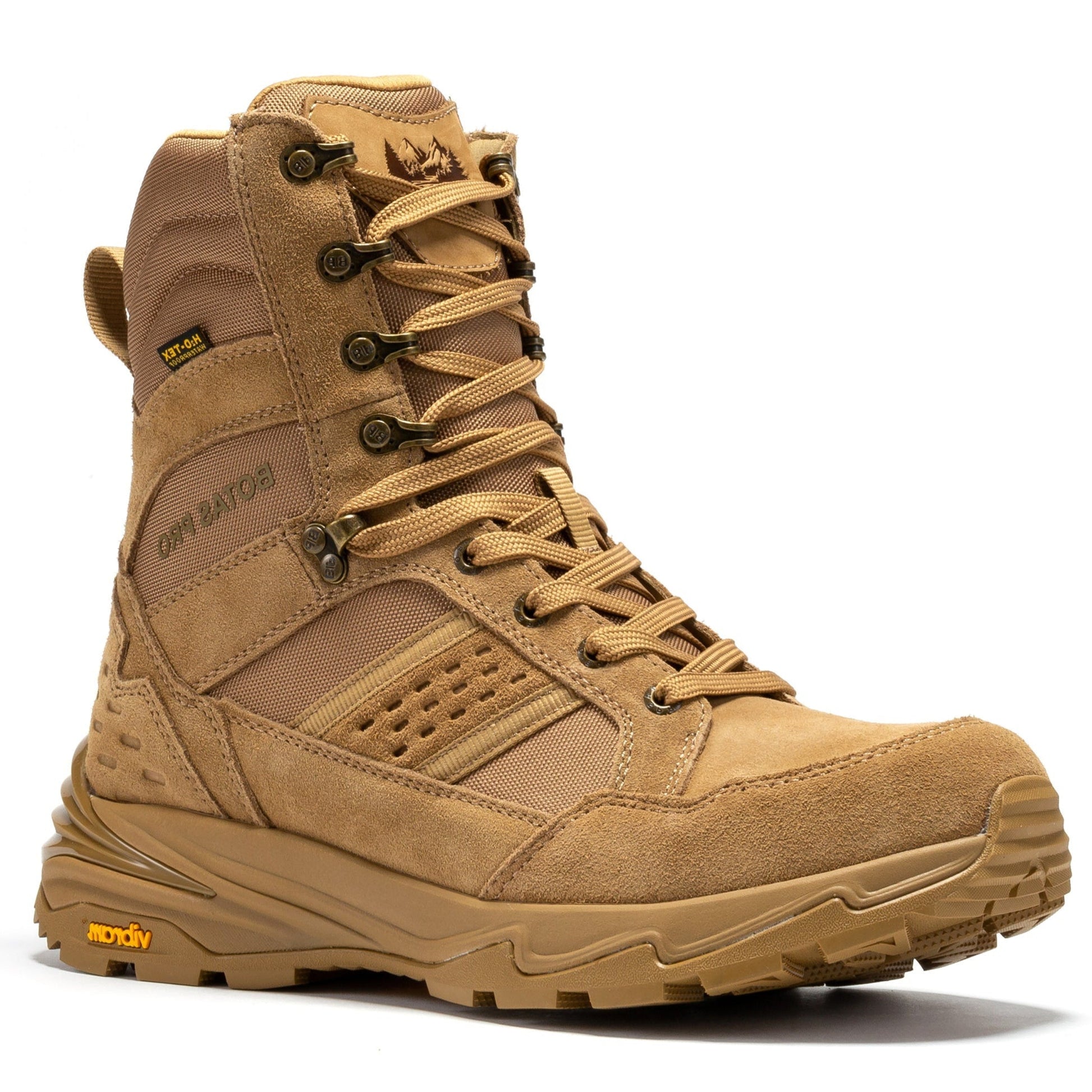 Botas Pro Sand 8 Inch Waterproof Tactical Boots with VIBRAM® Traction Lug Outsole BP22810 showcasing durable suede leather, slip-resistant rubber sole, and waterproof H2O-Tex technology, ideal for law enforcement, security, and outdoor adventures.