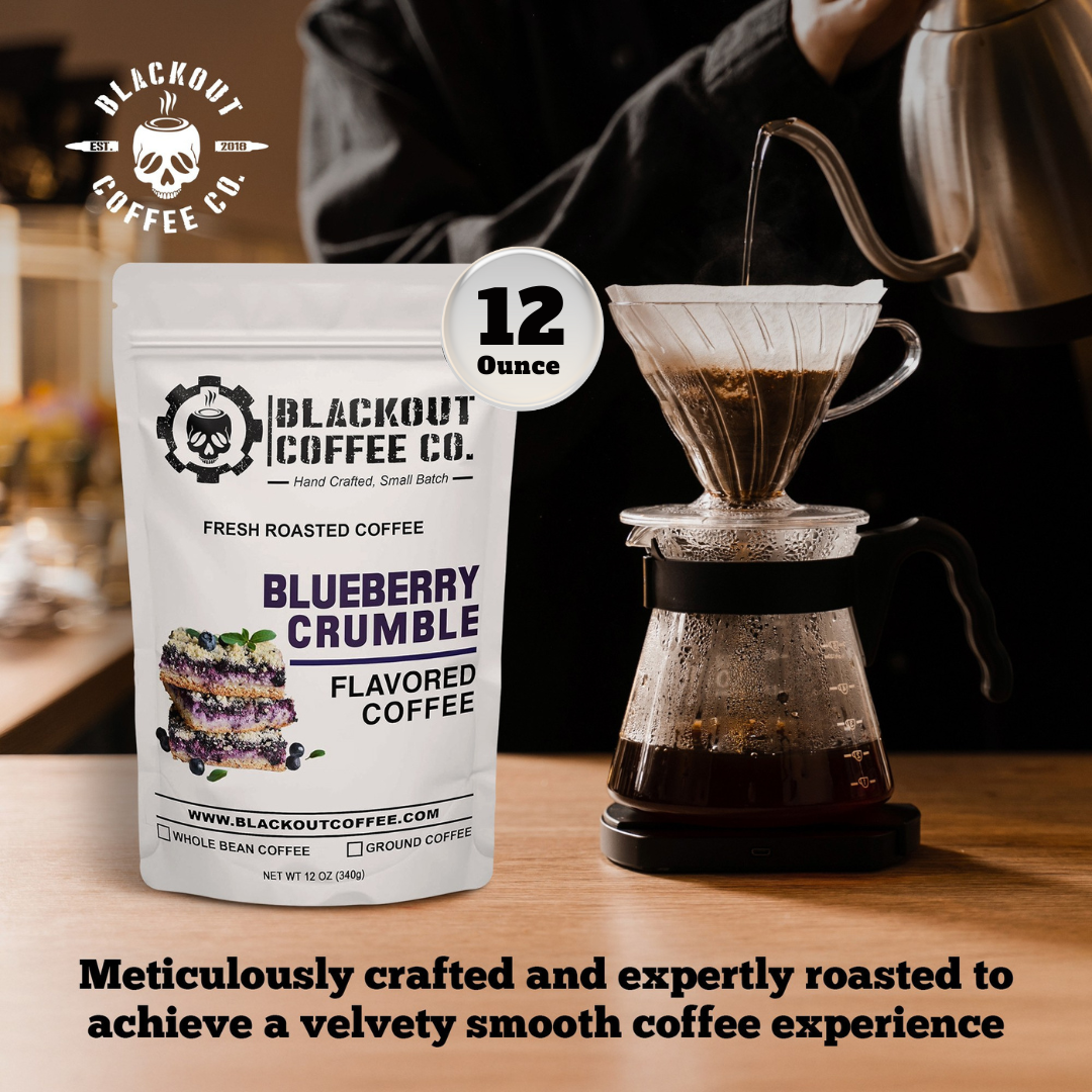 An inviting shot of a latte made with Blueberry Crumble Flavored Coffee showcasing its creamy texture and blueberry twist.