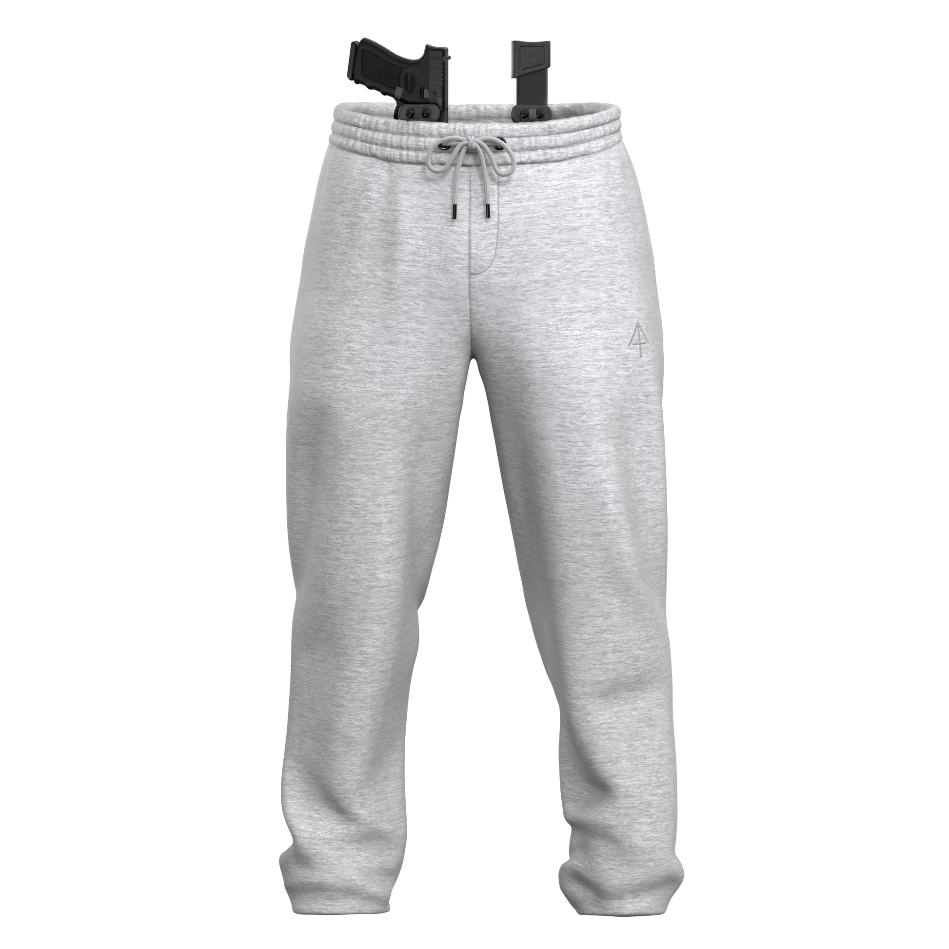 Carrier Sweatpants Mk.II featuring patented carrier retention waistband designed for concealed carry sweatpants with gun-related logos.