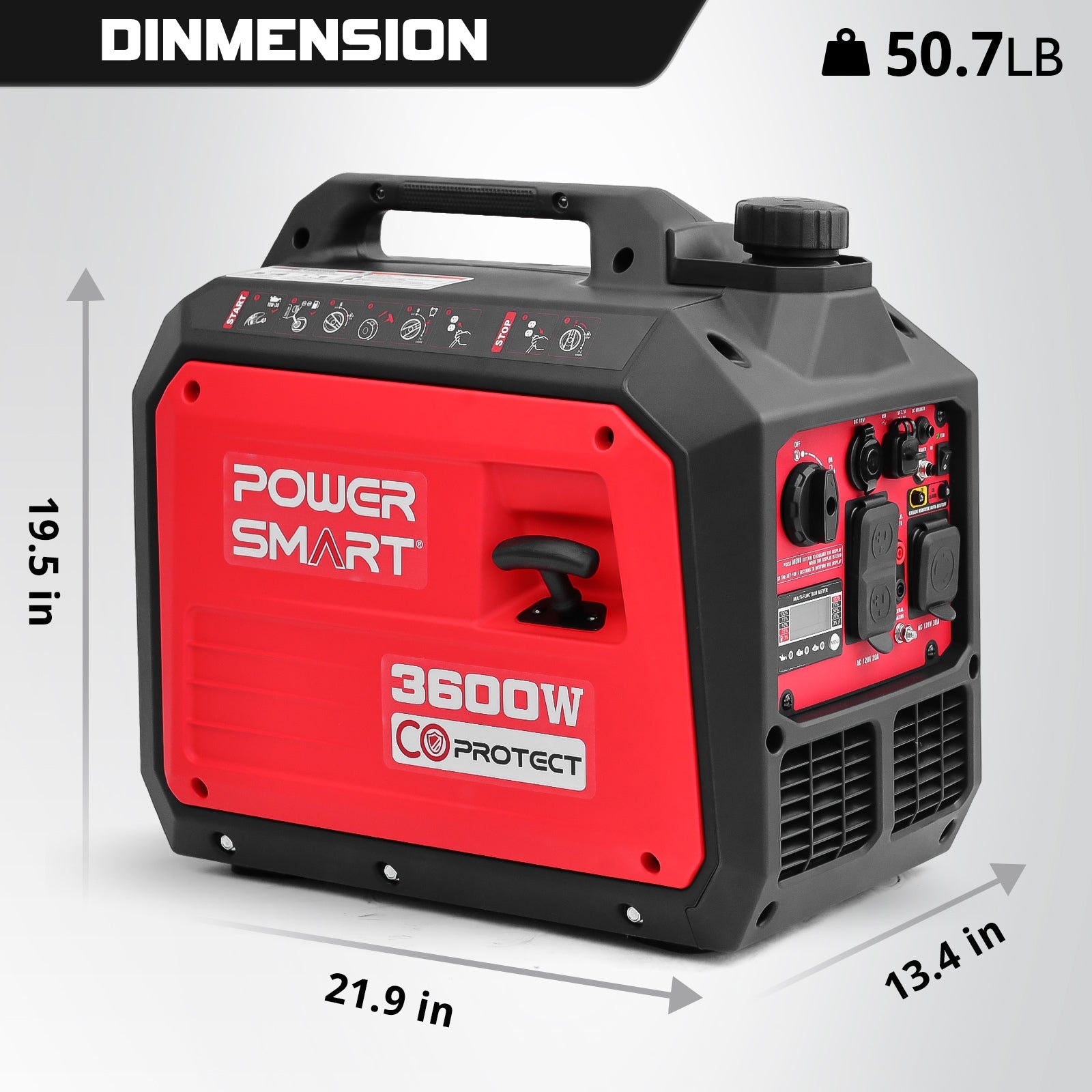 3600W Inverter Gas Generator w/ CO Alert DL5035C design highlighting its 120V & 12V DC outlets and USB ports, perfect for a quiet inverter generator.