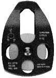 Black metal pulley system with multiple holes on a white background