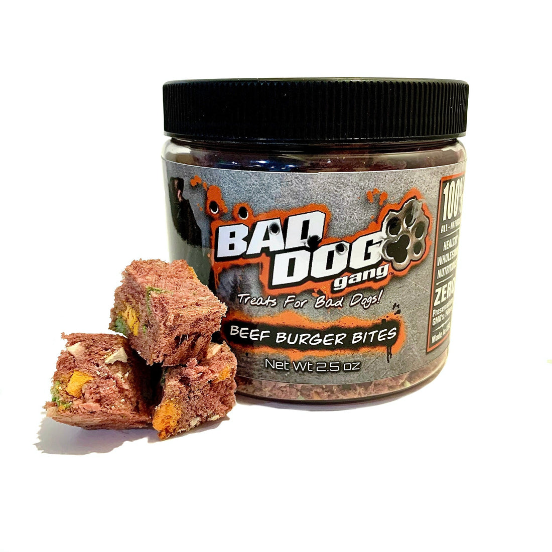High-quality Beef Burger Bites from Bad Dog Gang, made with natural ingredients for dogs.