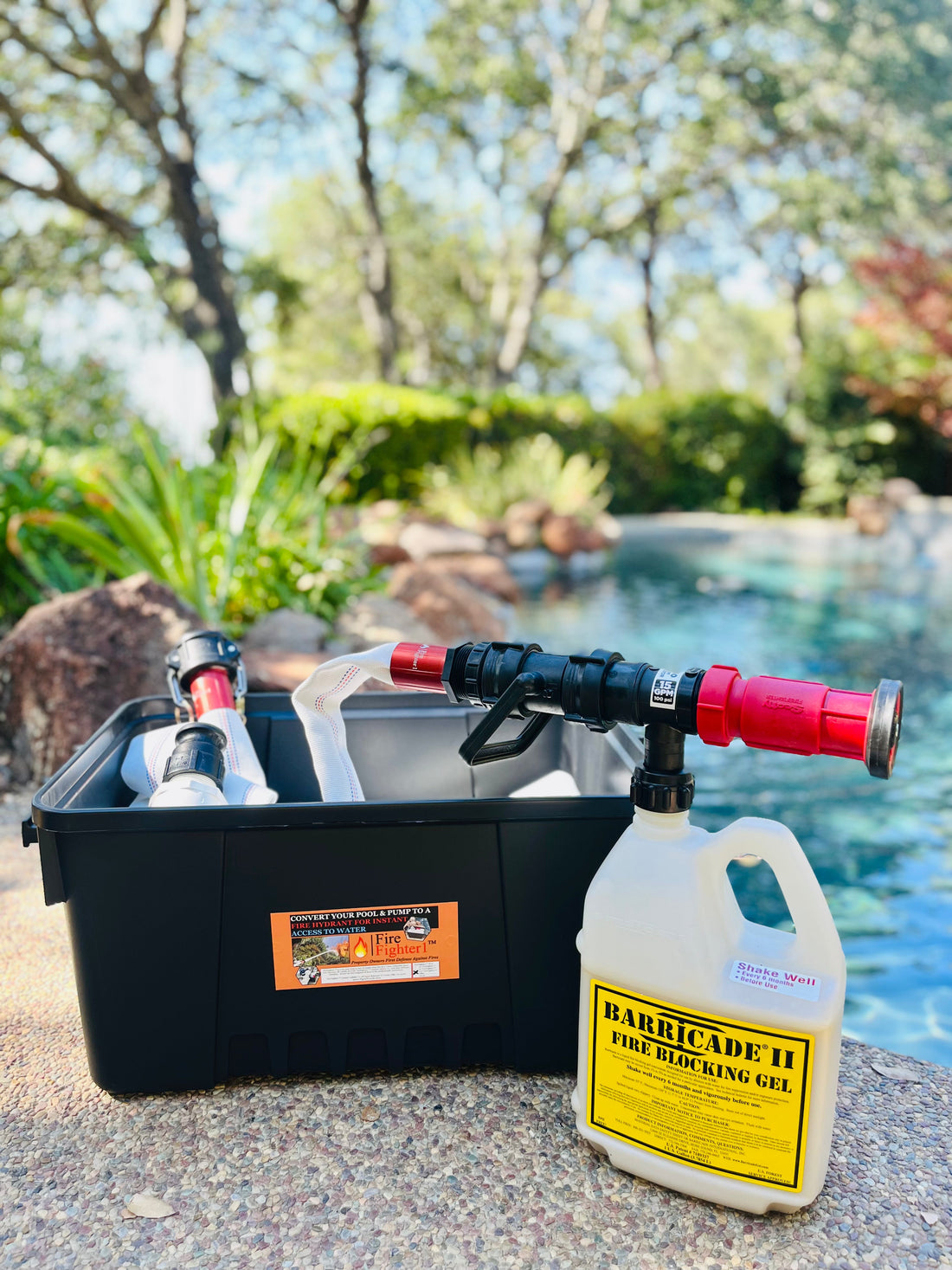 Barricade Fire Gel Concentrate & Scotty FireFighter Applicator Kit showcasing safety features for applying fire gel during wildfires.