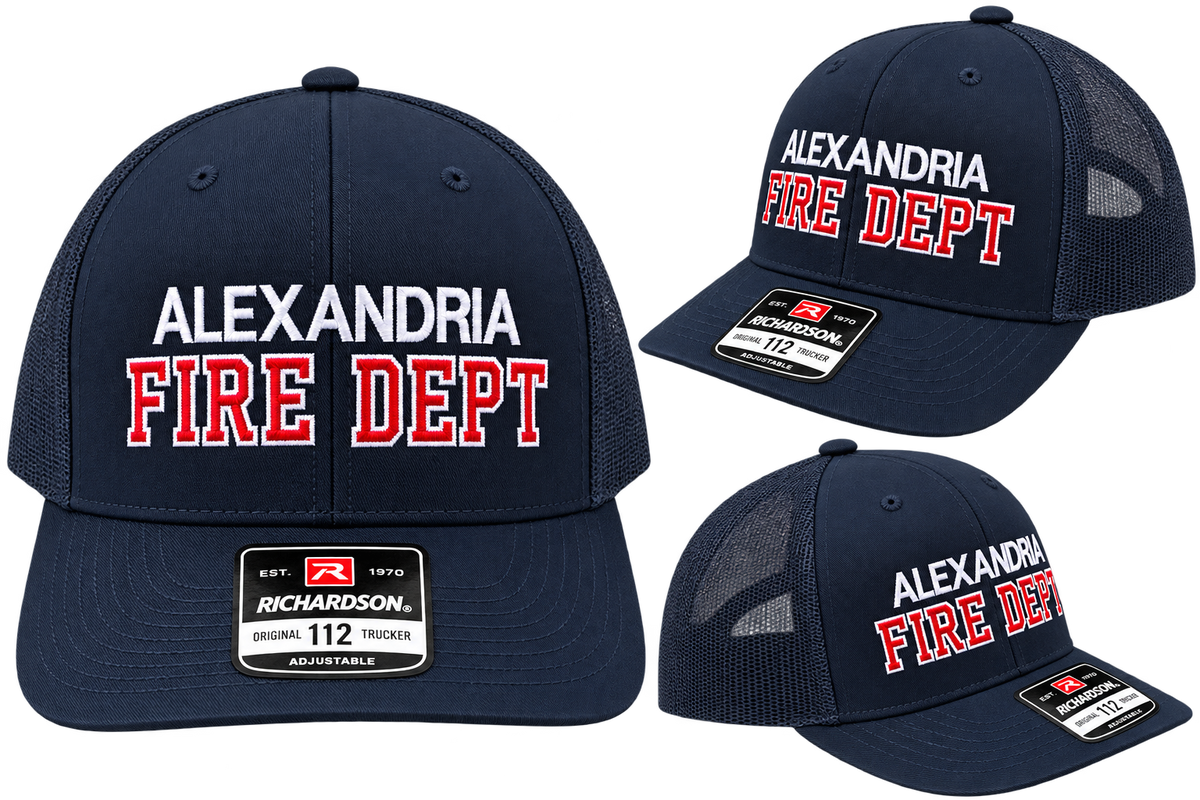 Richardson SnapBack and FlexFit firefighter hats in navy and black laid flat