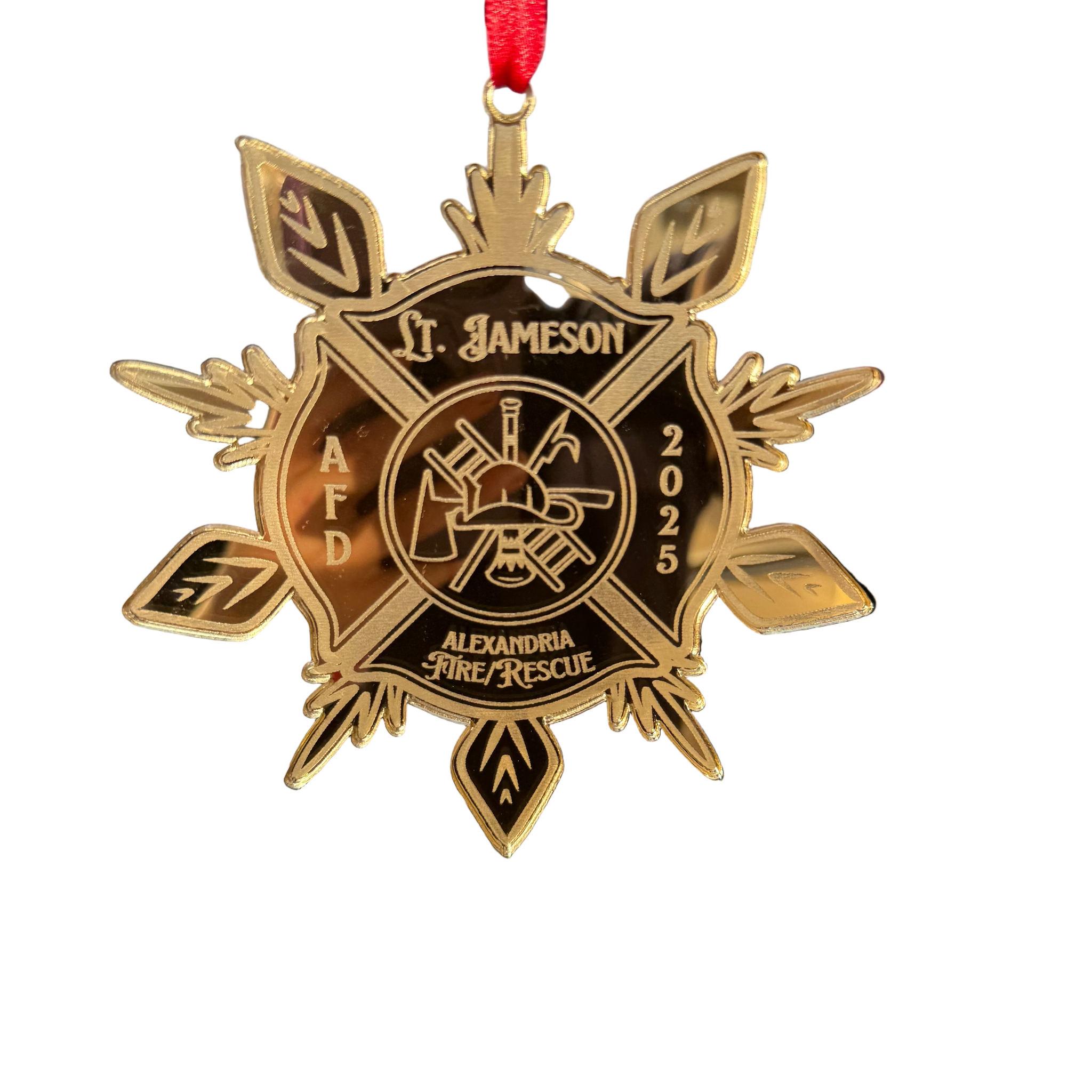 Fire Department Ornament, a beautiful 3mm gold mirrored acrylic decoration perfect for showing appreciation for firefighters.