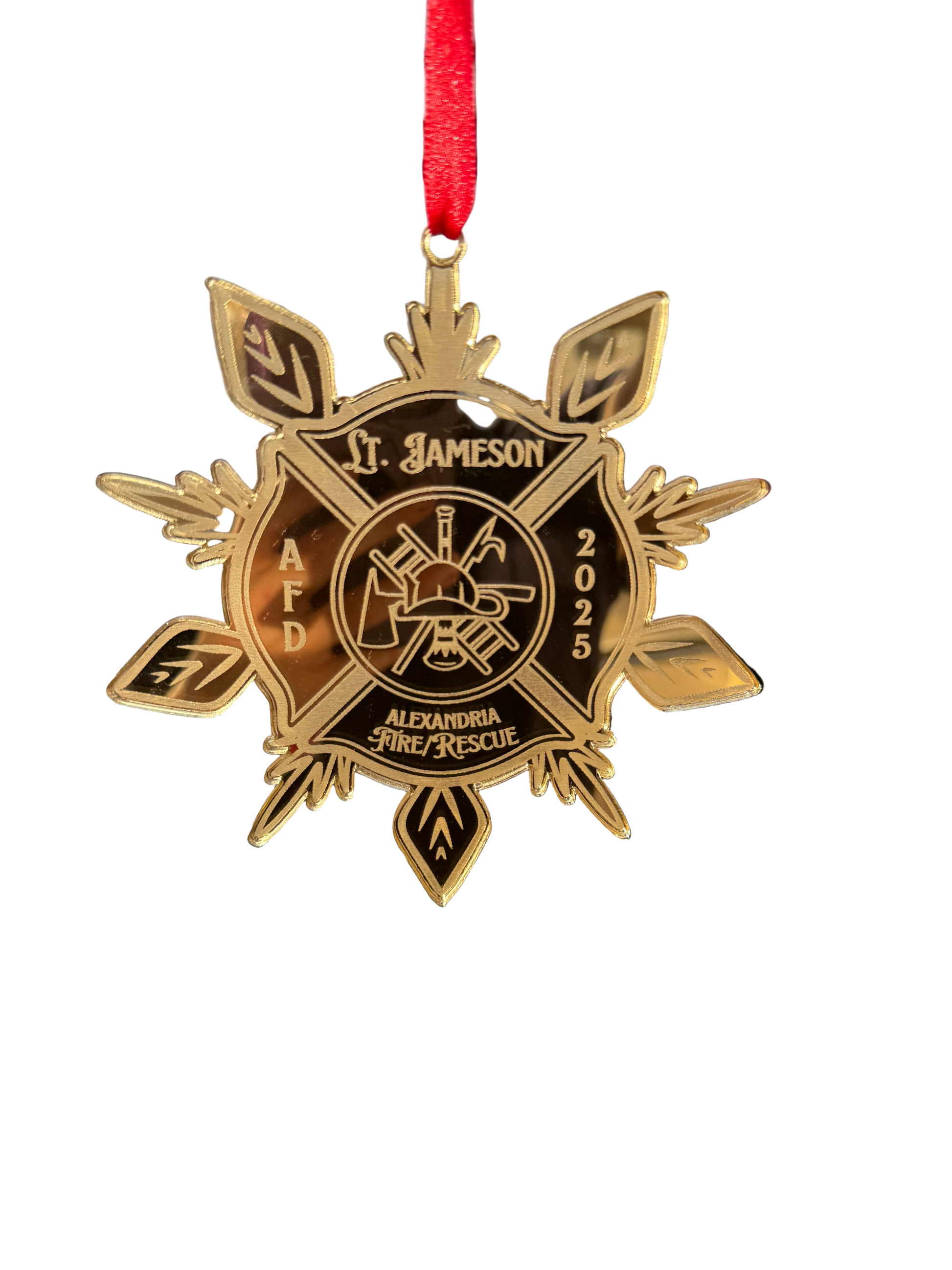 Fire Department Ornament, a beautiful 3mm gold mirrored acrylic decoration perfect for showing appreciation for firefighters.