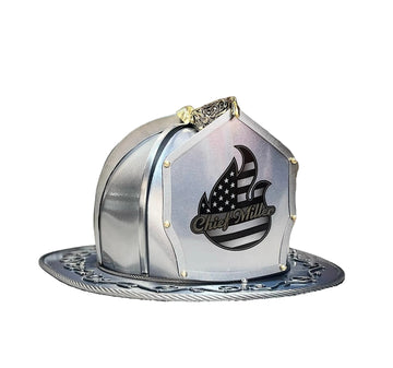 Award Helmet adorned with brass finishes, perfect for firefighting memorabilia.