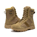 ROCKROOSTER Colmar Coyote 8 inch Suede Leather Waterproof Tactical & Military Boots AB500 displayed in a rugged outdoor setting, highlighting their durability and waterproof features.