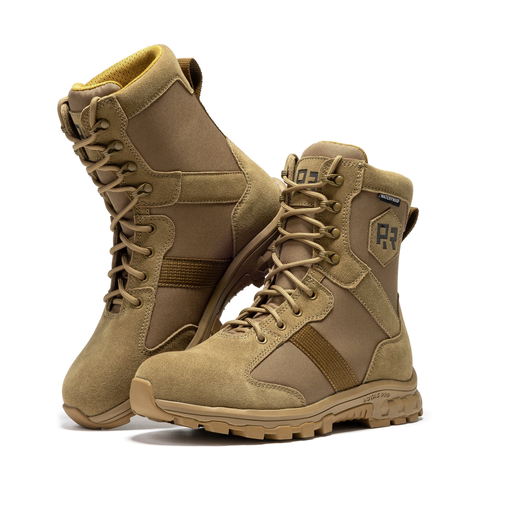 Close-up of the ROCKROOSTER Colmar Coyote 8 inch Suede Leather Waterproof Tactical & Military Boots AB500, featuring the slip resistant rubber outsole.