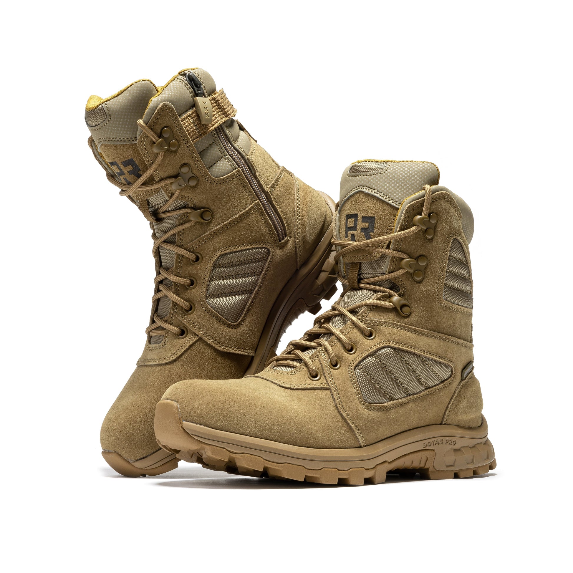 ROCKROOSTER Burano Coyote 8 inch Suede Leather Waterproof Tactical & Military Boots AB540 displayed with emphasis on electrical shock protection capabilities.