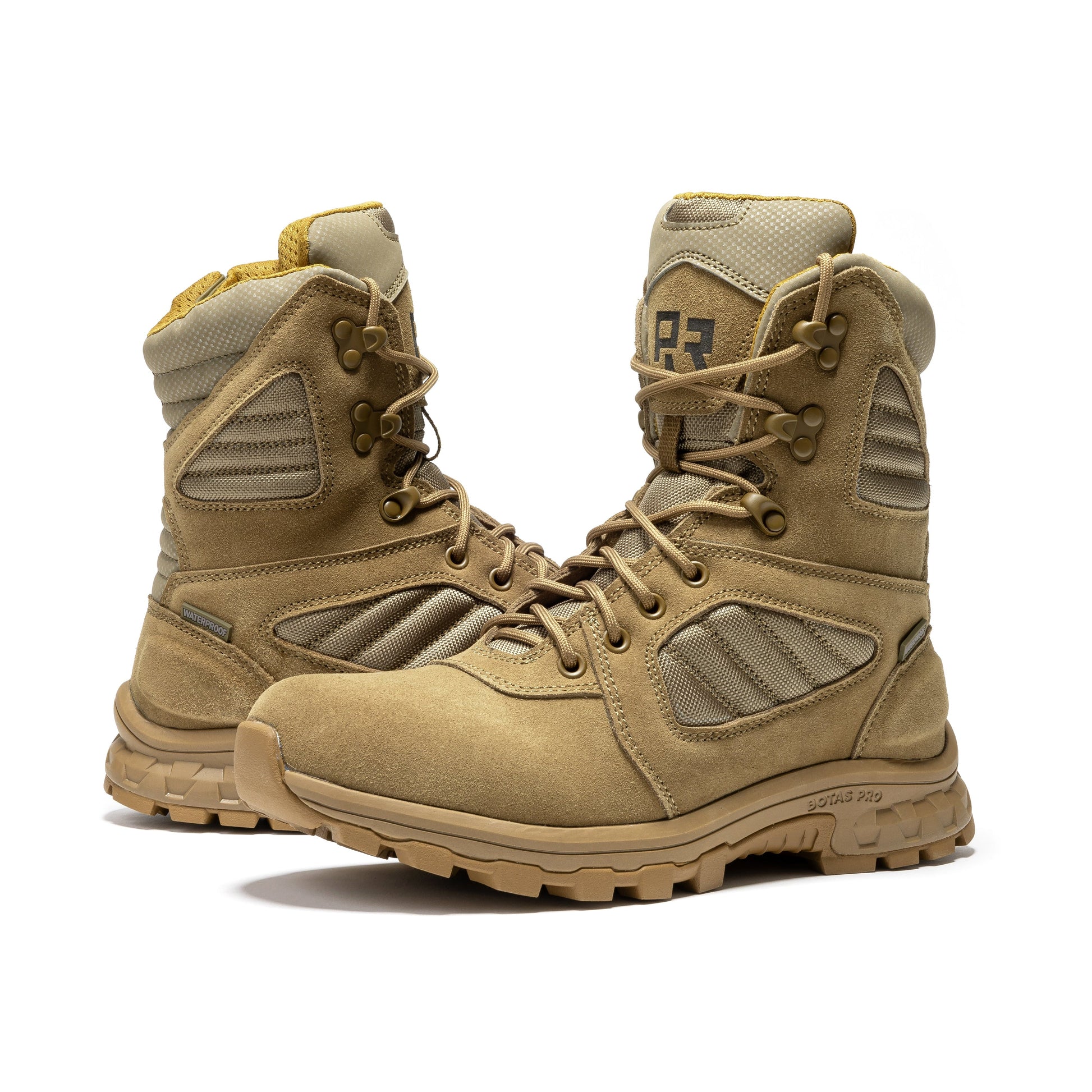 Close-up of the waterproof feature of ROCKROOSTER Burano Coyote 8 inch Suede Leather Tactical & Military Boots AB540 demonstrating the Hydroguard membrane.