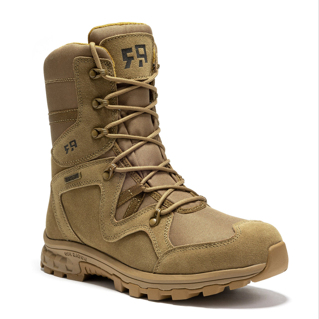 ROCKROOSTER Colmar Coyote 8 inch Suede Leather Waterproof Tactical & Military Boots AB520 displayed outdoors on rugged terrain.