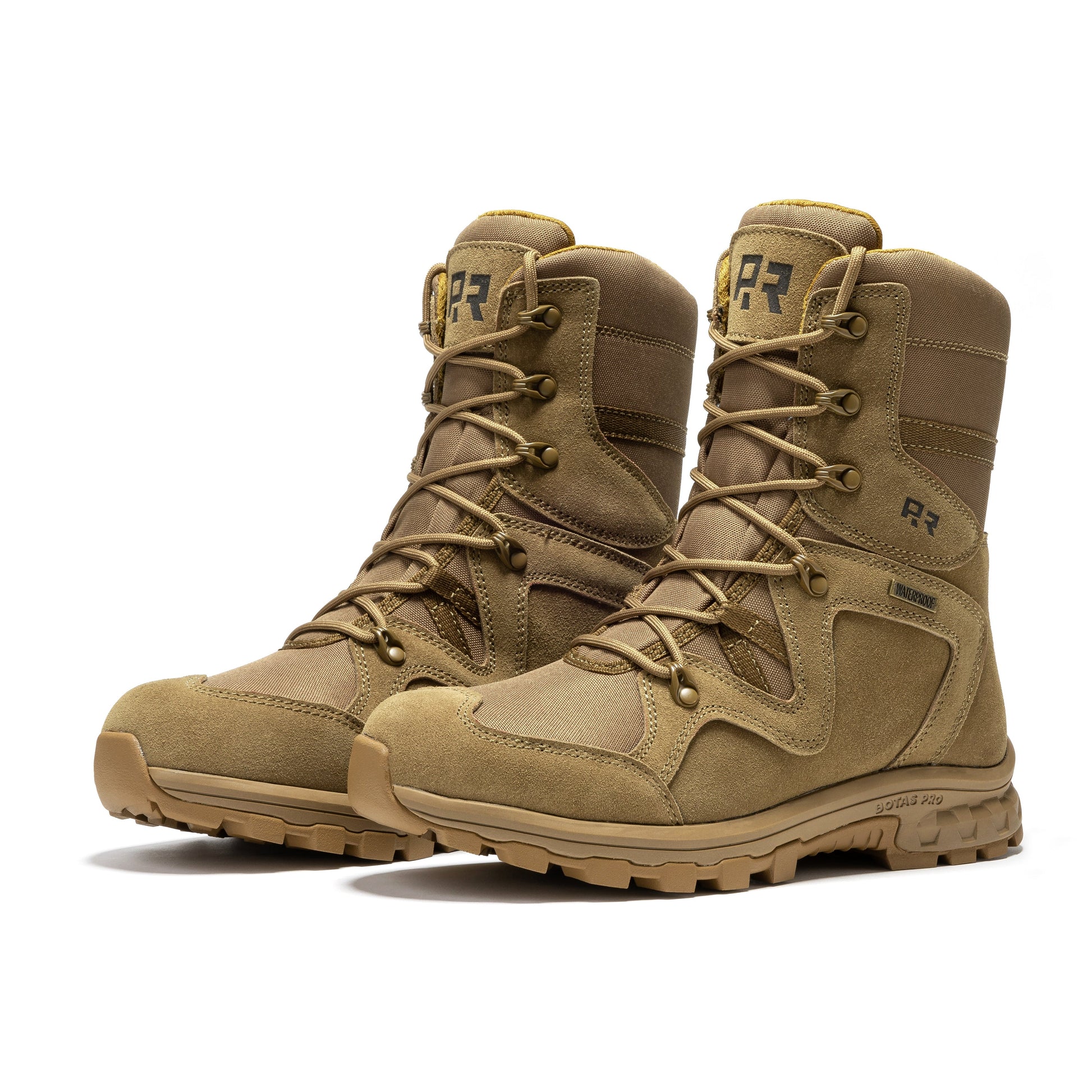 ROCKROOSTER Colmar Coyote 8 inch Suede Leather Waterproof Tactical & Military Boots AB520 displayed from the side, showcasing its sleek design and durable suede material.