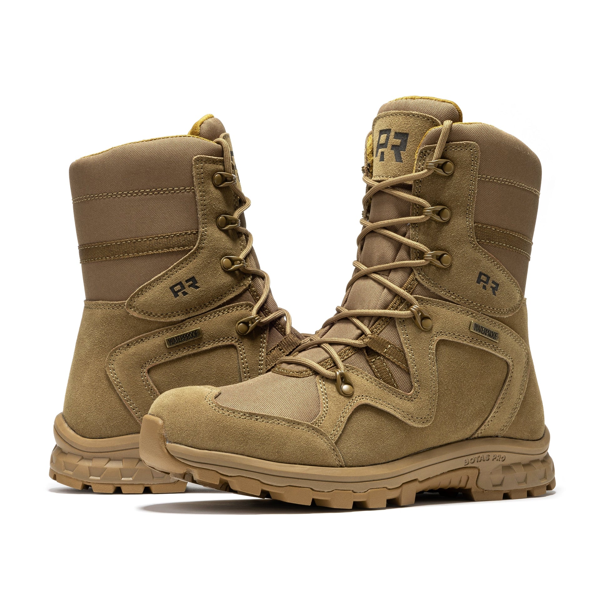 ROCKROOSTER Colmar Coyote 8 inch Suede Leather Waterproof Tactical & Military Boots AB520 worn outdoors, demonstrating comfort and ankle support in action.