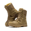Close-up view of ROCKROOSTER Colmar Coyote 8 inch Suede Leather Waterproof Tactical & Military Boots AB520, highlighting the slip-resistant rubber outsole and robust construction.