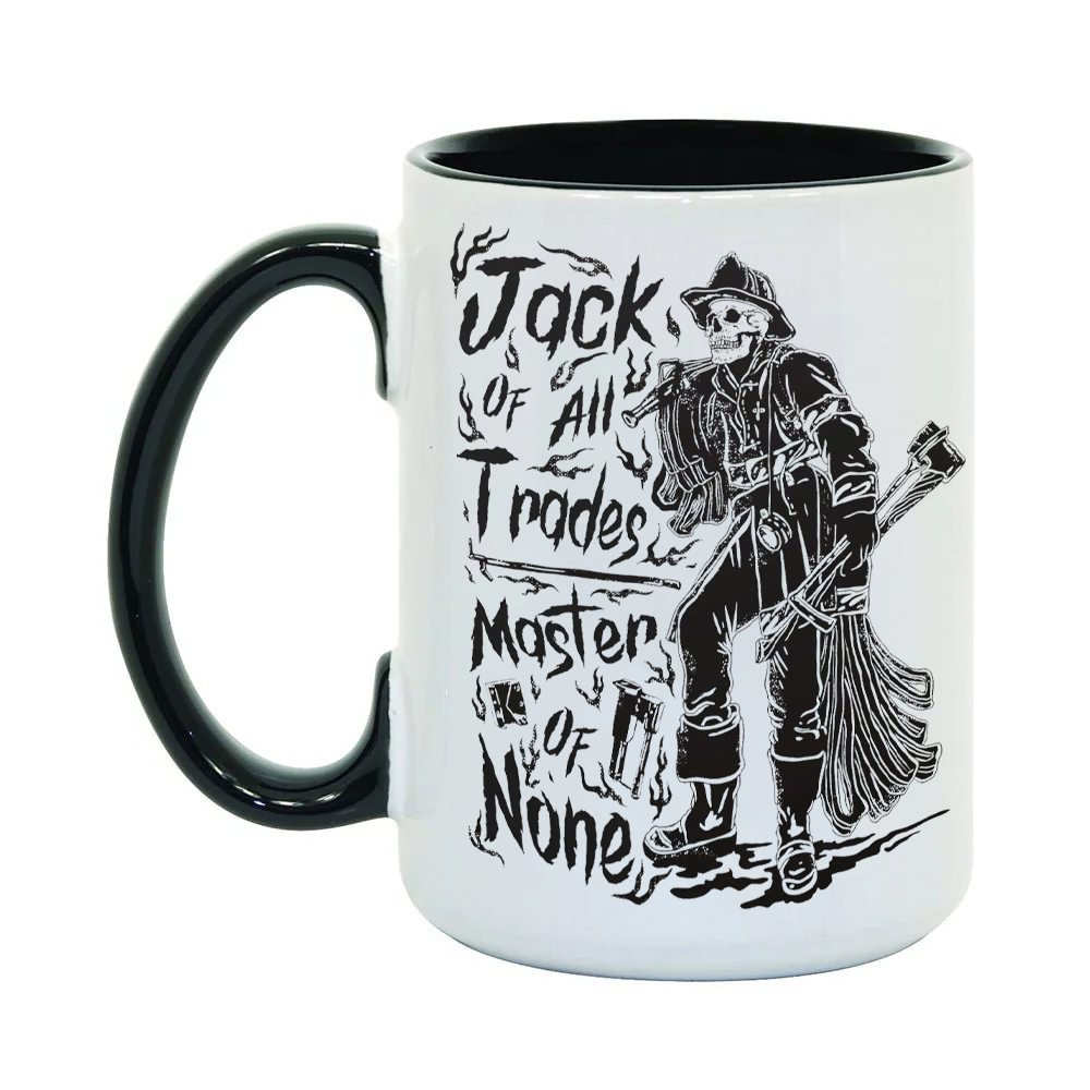 White mug with black interior, black handle, and graphic design of a person holding tools with text 'Jack of all Trades, Master of None'.