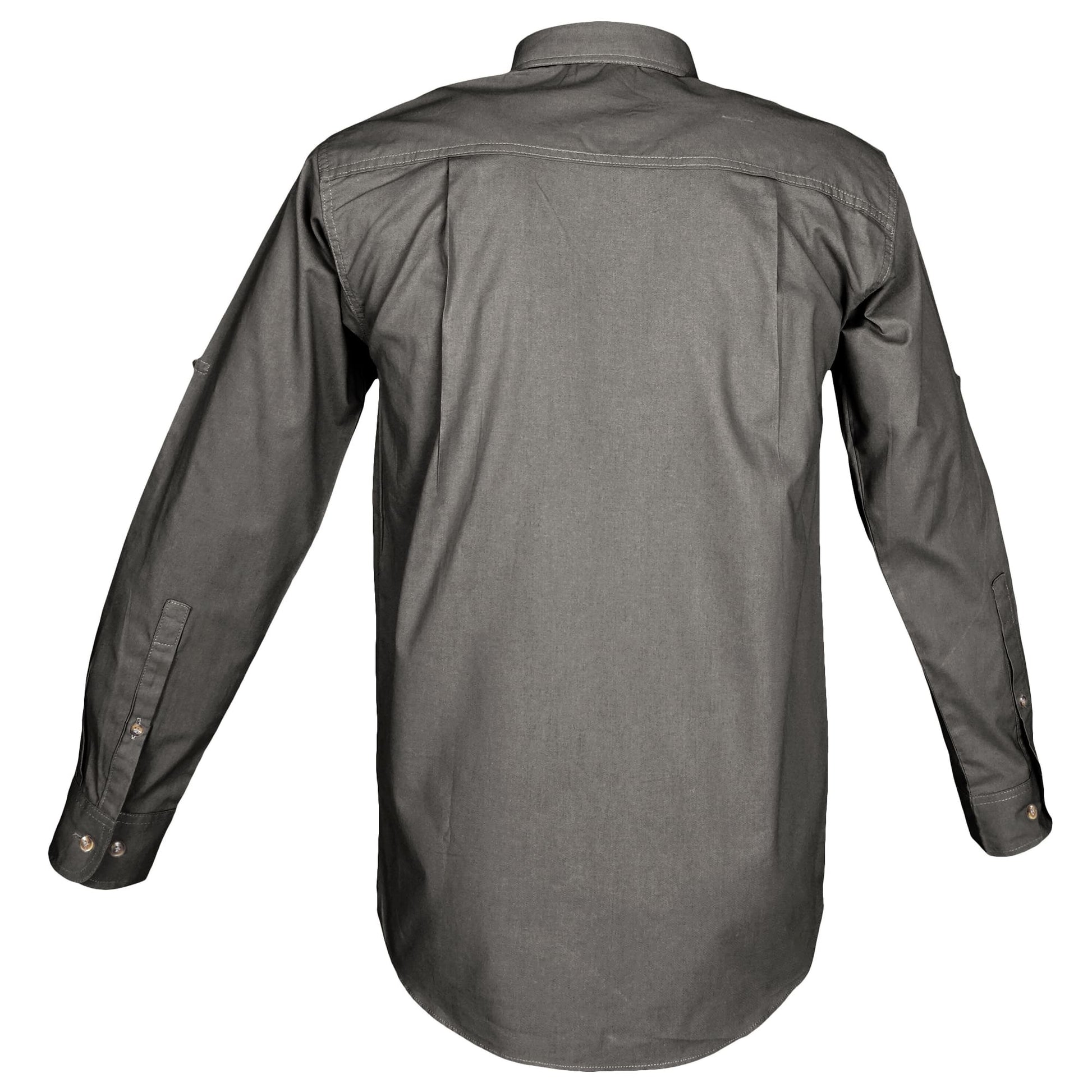 Trail Shirt for Men - L/Sleeve laid flat, emphasizing its design benefits as an outdoor safari shirt for men.