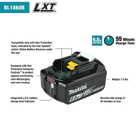 Makita BL1860B 18V LXT® Lithium‑Ion 6.0Ah Battery