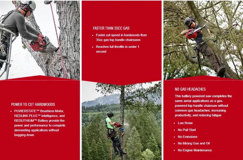 Battery-powered handle chainsaw advantages featuring Milwaukee 2826-20T M18 FUEL 14-inch tool