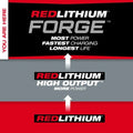 Close-up of Milwaukee 48-11-1881 M18™ REDLITHIUM™ FORGE™ XC8.0 Battery Pack highlighting its long battery life and oil resistance.