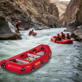 Red inflatable rescue boat with 'NRS' branding on a white background