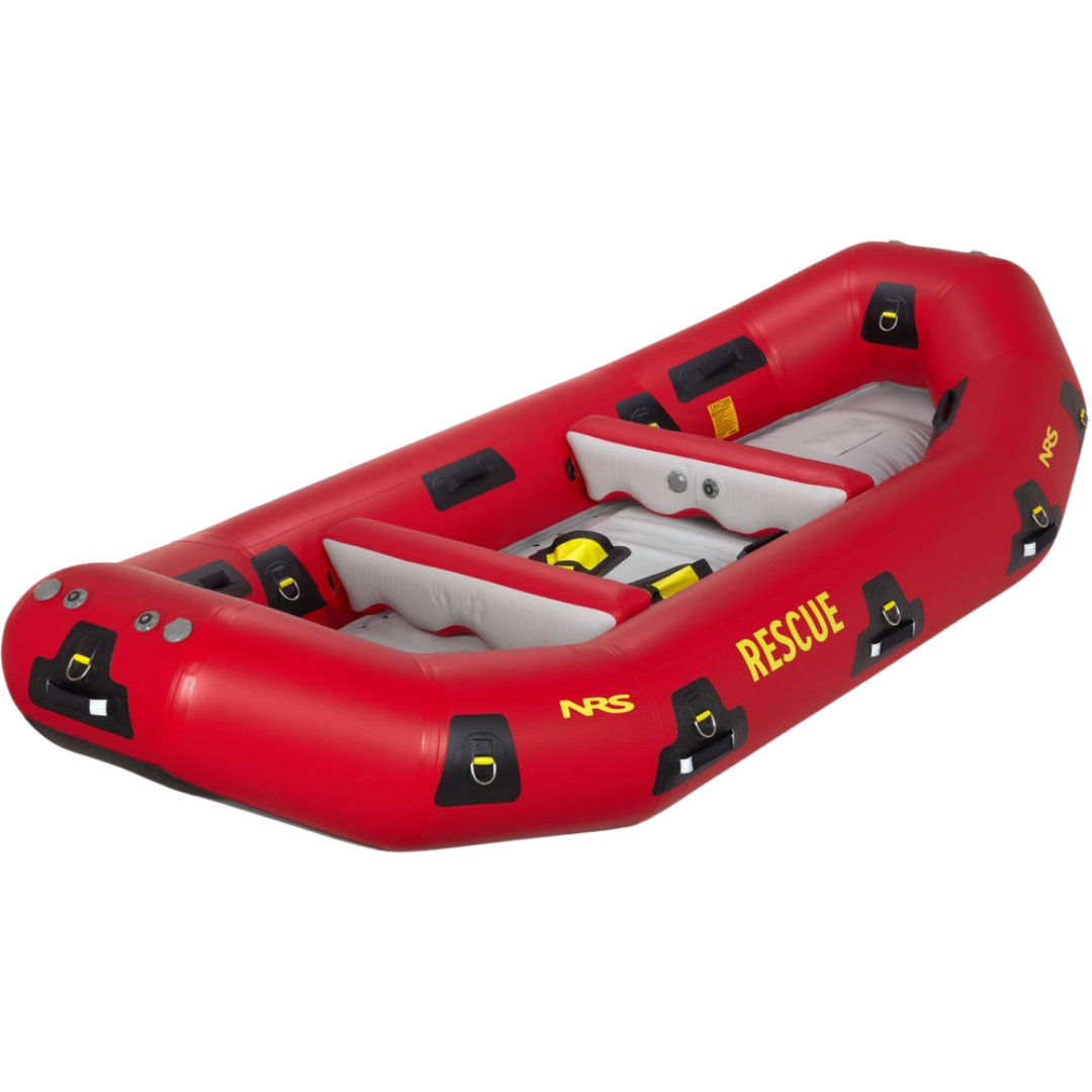 Red inflatable rescue boat with 'NRS' branding on a white background