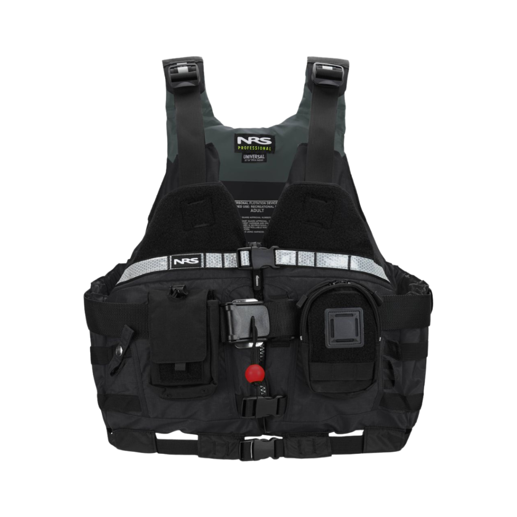 Black and gray life vest with NRS branding on a white background