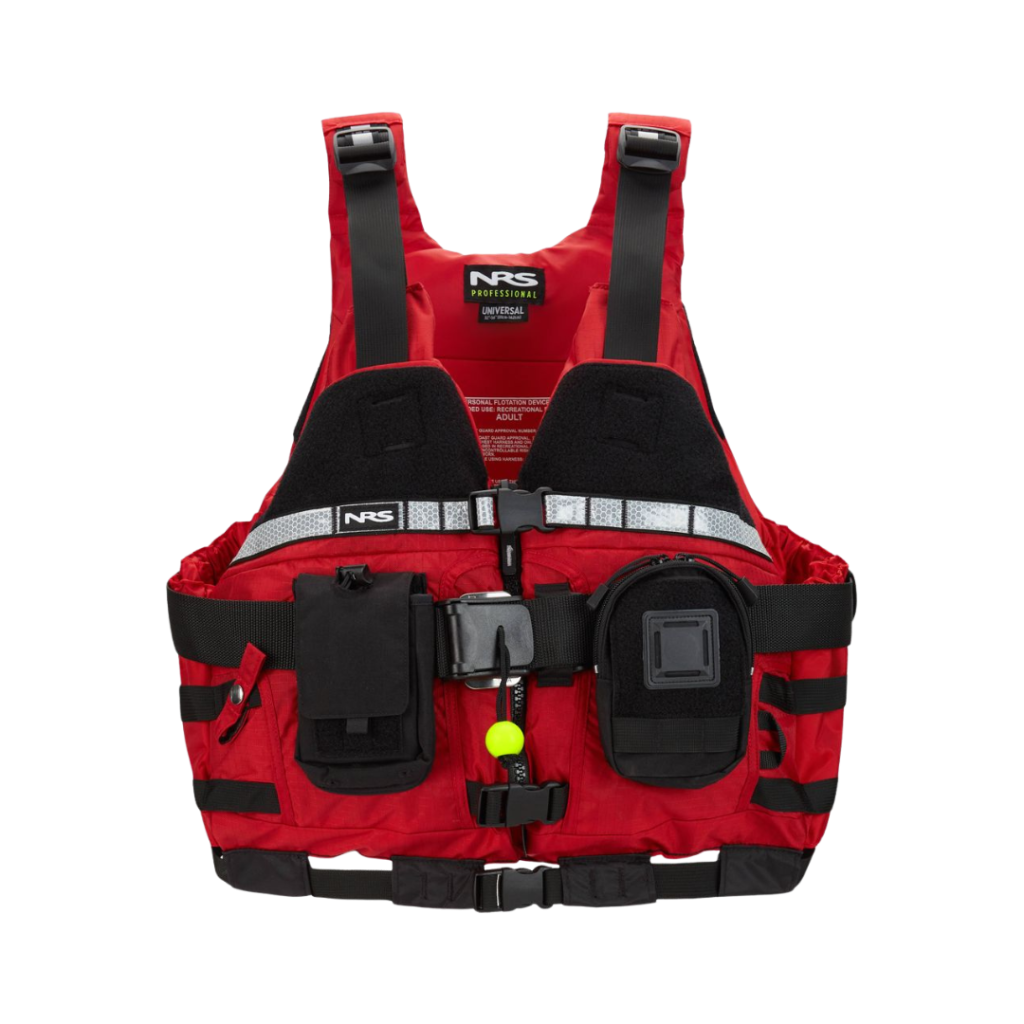 Red life vest with black straps on a white background