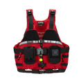 Red life vest with black straps on a white background
