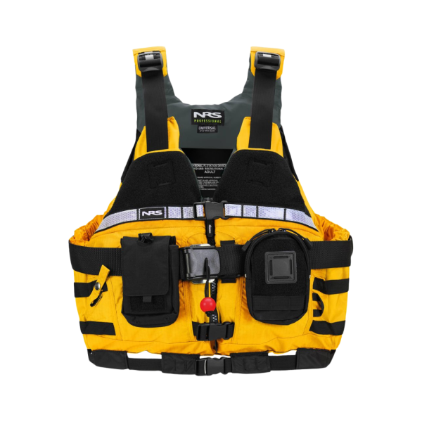 Yellow and black life vest with NRS logo on a white background
