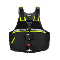 Black life vest with yellow accents on a white background