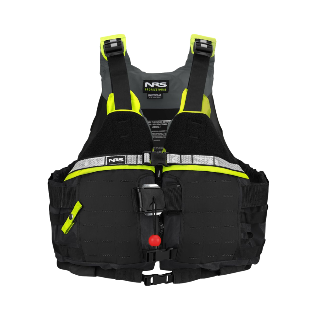 Black life vest with yellow accents on a white background