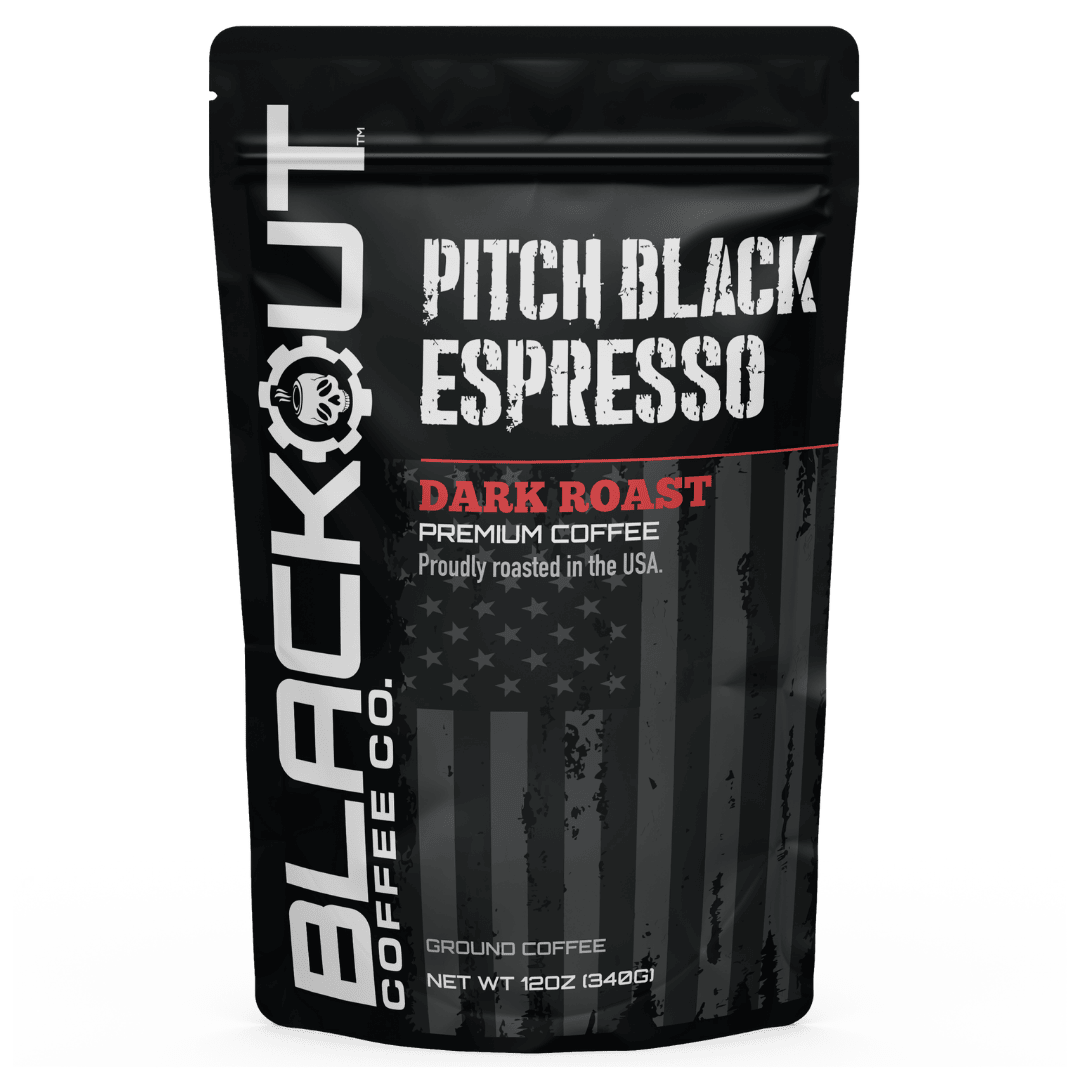 Pitch Black Espresso Coffee bag design from Blackout Coffee Co, showcasing a bold graphic for an extra dark roast.