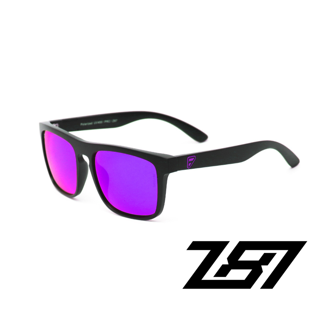 Pomona Valor sunglasses featuring a matte black frame with vibrant purple accents and purple mirror polarized lenses designed for durability and style.