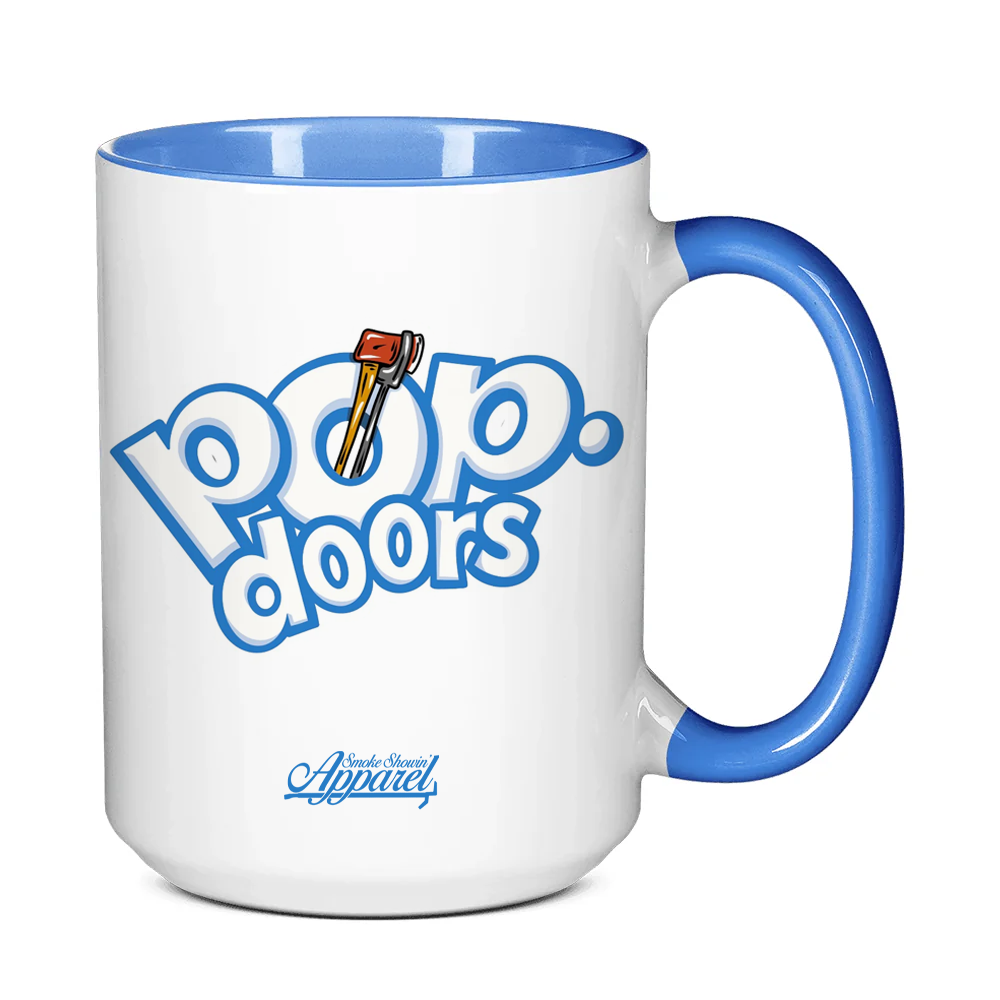 White mug with blue handle and interior, featuring 'Poio Doors' logo.