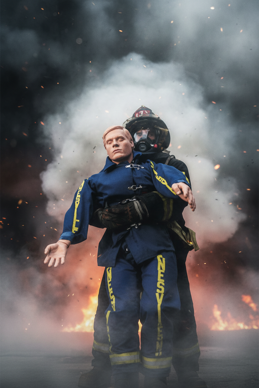 Person wearing a blue and yellow safety suit with a helmet on a white background