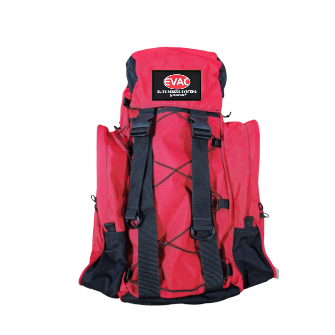 Red backpack with black straps and EVAC Elite Rescue Systems logo on a white background