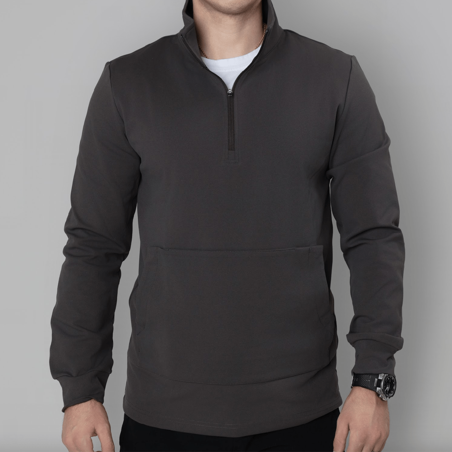 Profile view of the Durable Quarter Zip, suitable for tactical concealed carry apparel.