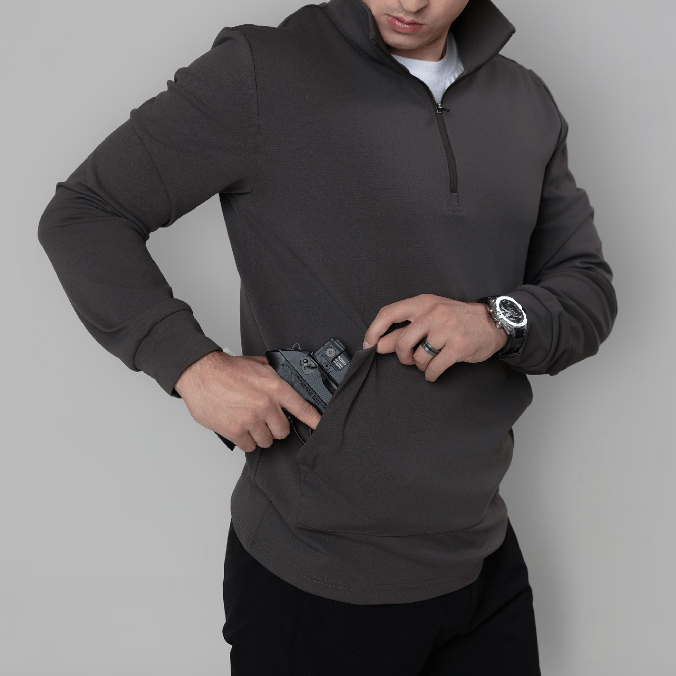 Stylish look of the Durable Quarter Zip, a favorite among concealed carry apparel.