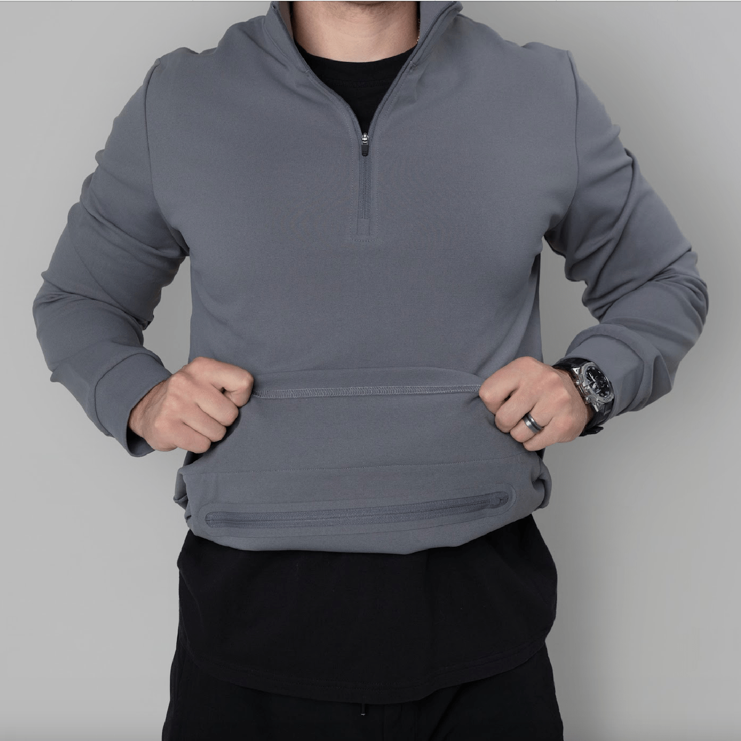 Durable Quarter Zip highlighting its tactical features, ideal for concealed carry apparel.