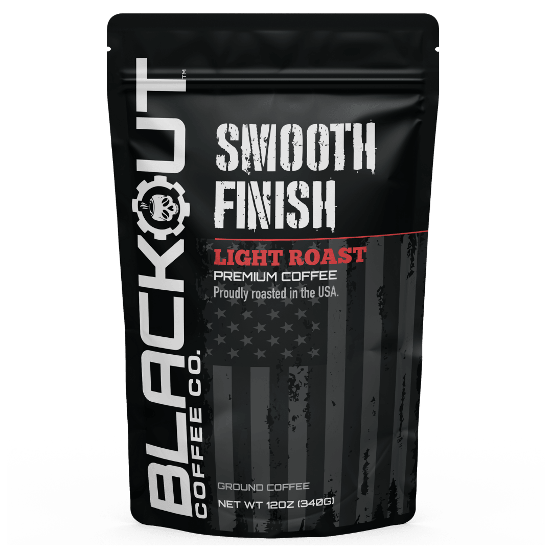 A bag of Smooth Finish Coffee from Blackout Coffee Co, showcasing its smooth, lightly roasted Arabica beans for a perfect start to your day.