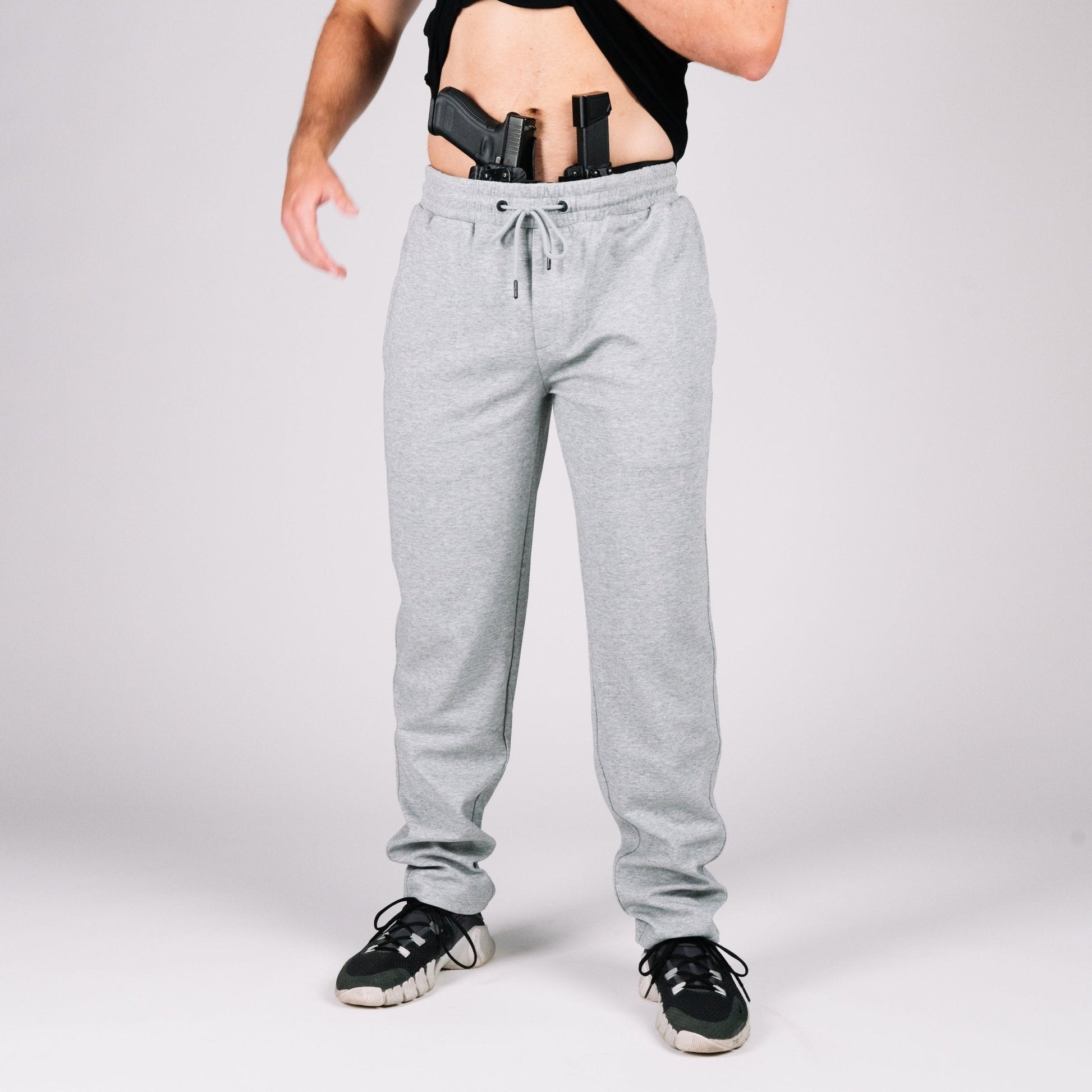 Comfortable Carrier Sweatpants Mk.II in gray color, perfect for concealed carry sweatpants with a secure fit.