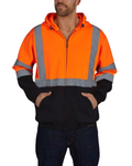 Back view of the UHV425 HiVis Soft Shell Full Zip Hoodie with Teflon™ fabric. Protect yourself with this high-performance hi vis hoodie.