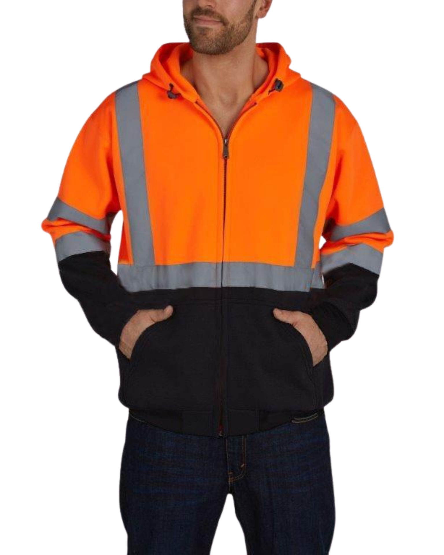 Back view of the UHV425 HiVis Soft Shell Full Zip Hoodie with Teflon™ fabric. Protect yourself with this high-performance hi vis hoodie.
